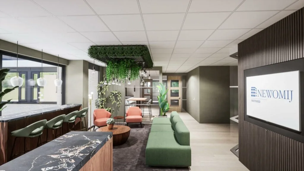 Modern ingerichte ontvangst- of loungehoek van het Newomij-kantoor aan de Burgemeester Verderlaan, met groene en roze zitmeubels, hangplanten en een marmeren balie.